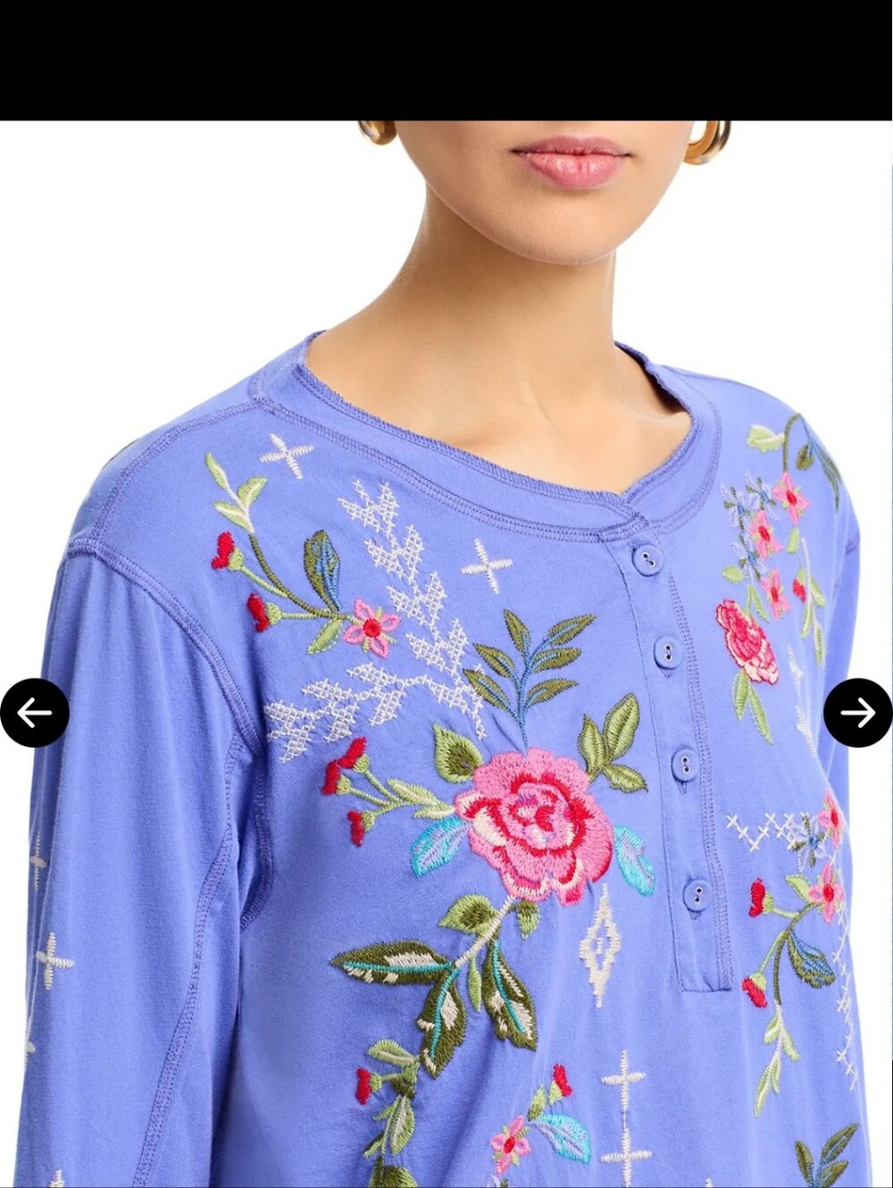 Johnny Was Raw Seam Catia Embroidered Henley Blue Long Sleeve Top Floral Large - Picture 5 of 15